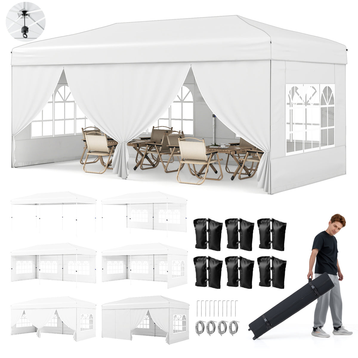 10 x 20 Feet Pop-Up Canopy Tent with 6 Sidewalls - White