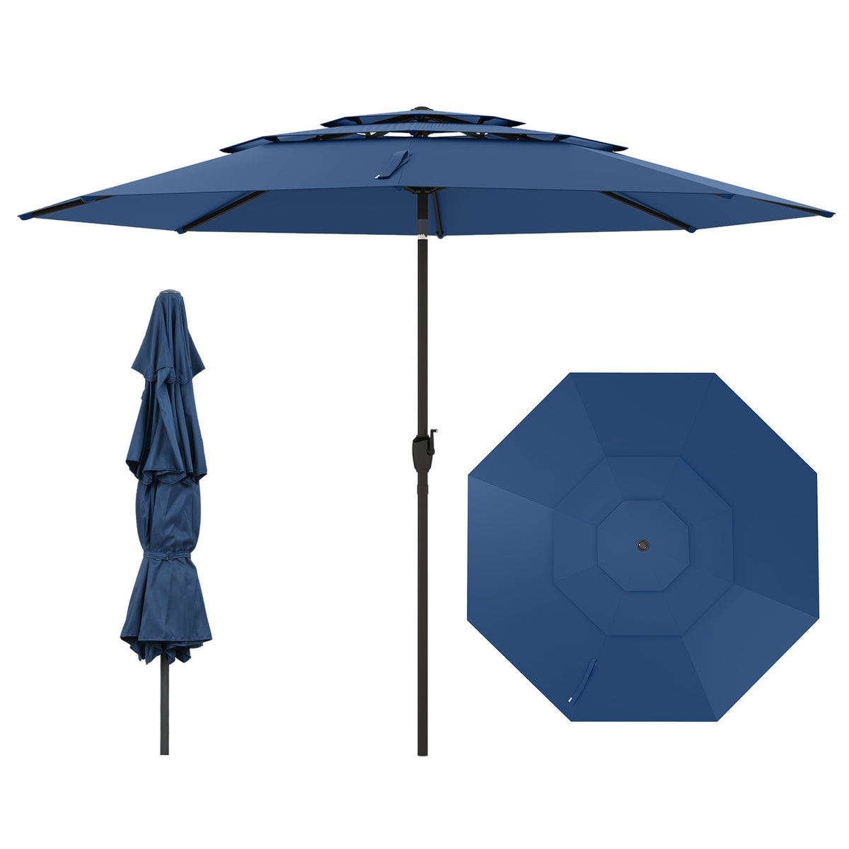 10 ft Patio Umbrella 3-Tier Vented Push Button Tilt Navy