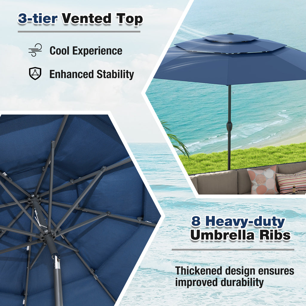 10 ft Patio Umbrella 3-Tier Vented Push Button Tilt Navy