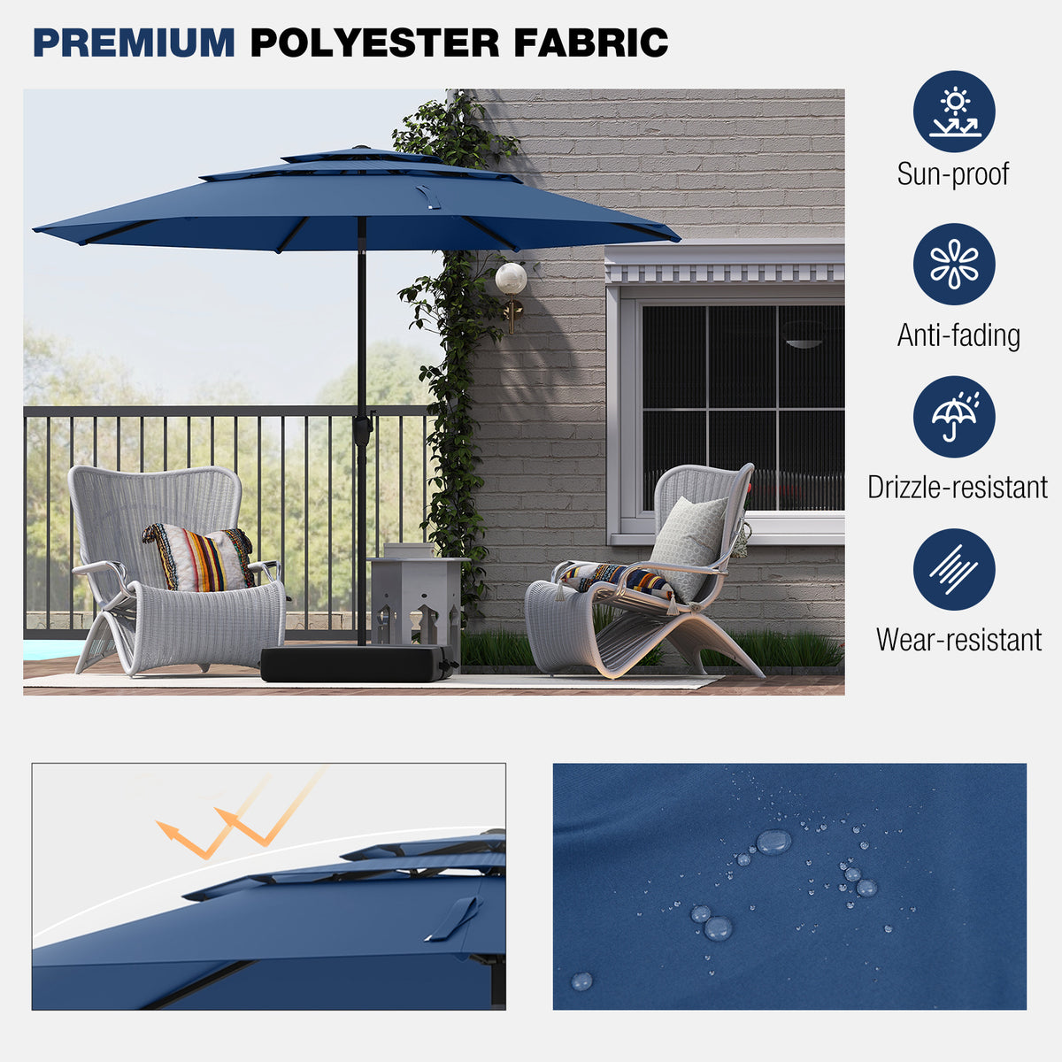 10 ft Patio Umbrella 3-Tier Vented Push Button Tilt Navy