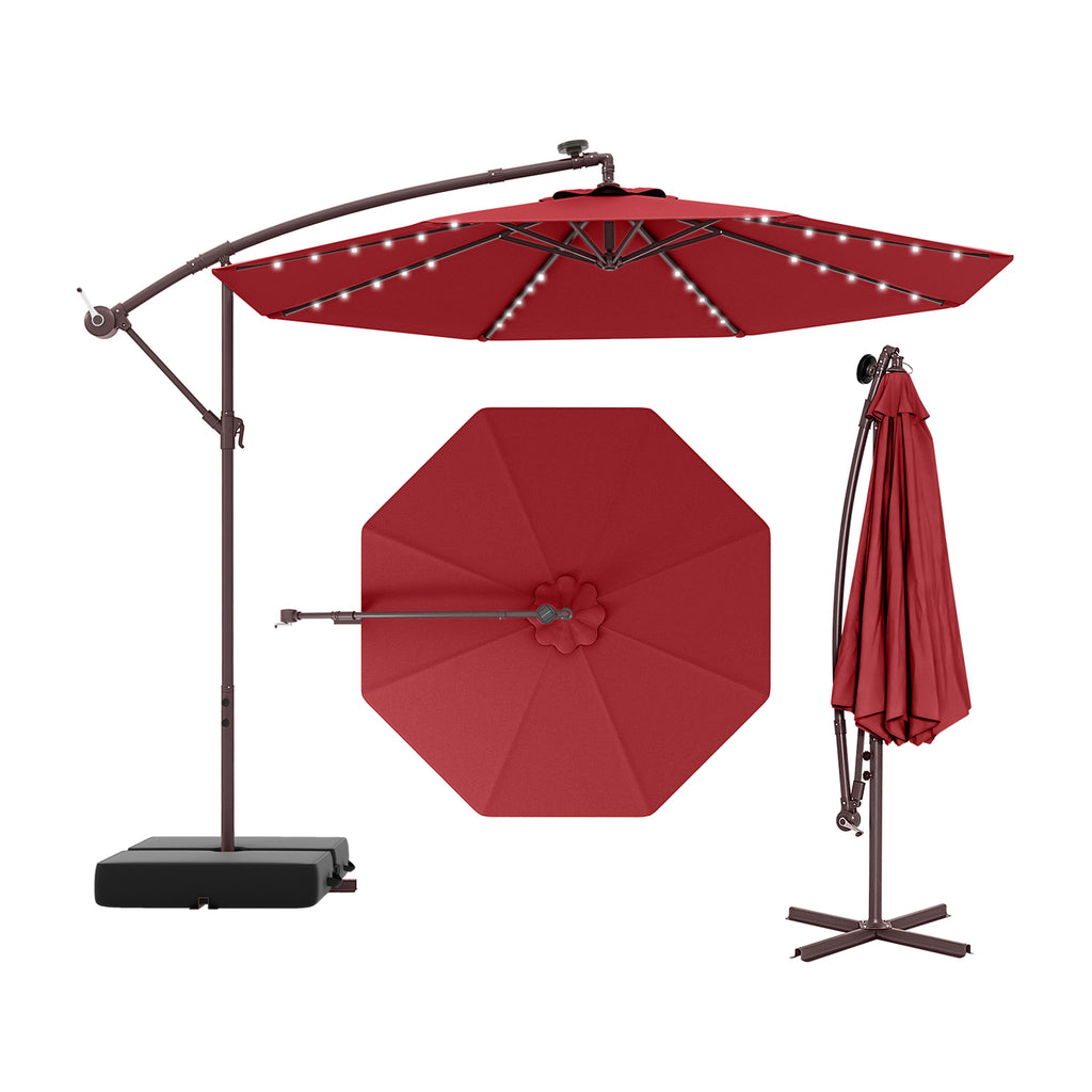 10 Ft Solar Offset Hanging Umbrella with LED Lights - Red