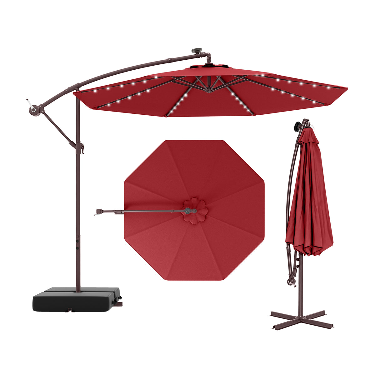 10 Ft Solar Offset Hanging Umbrella with LED Lights - Red
