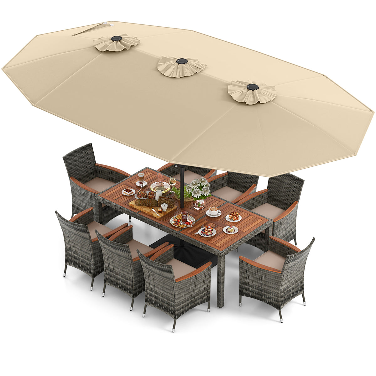 10 Pieces Wicker Outdoor Dining Set for 8 with 15 Feet Patio Umbrella