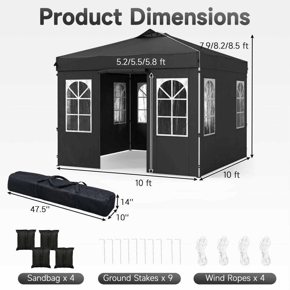 10 x FT Pop Up Canopy Tent with 4 Sidewalls and Adjustable Height