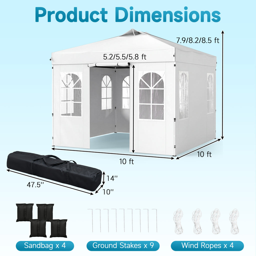 10 x FT Pop Up Canopy Tent with 4 Sidewalls and Adjustable Height