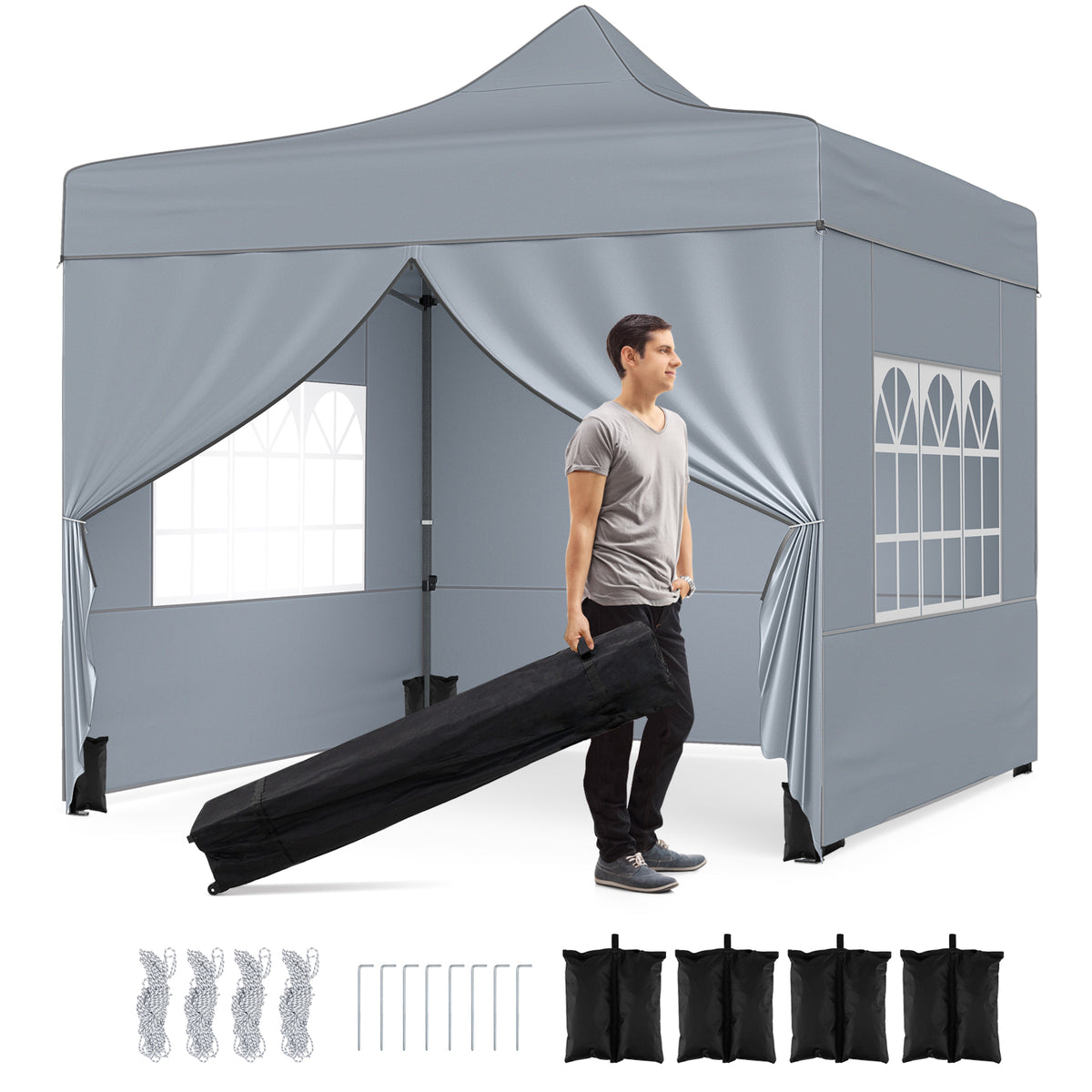 10 x 10 FT Pop-Up Canopy Tent with 4 Removable Sidewalls, Gray