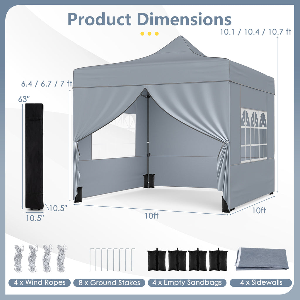 10 x 10 FT Pop-Up Canopy Tent with 4 Removable Sidewalls, Gray