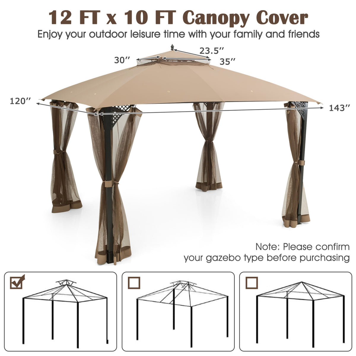 10 x 12 Feet Gazebo Replacement Top, Brown
