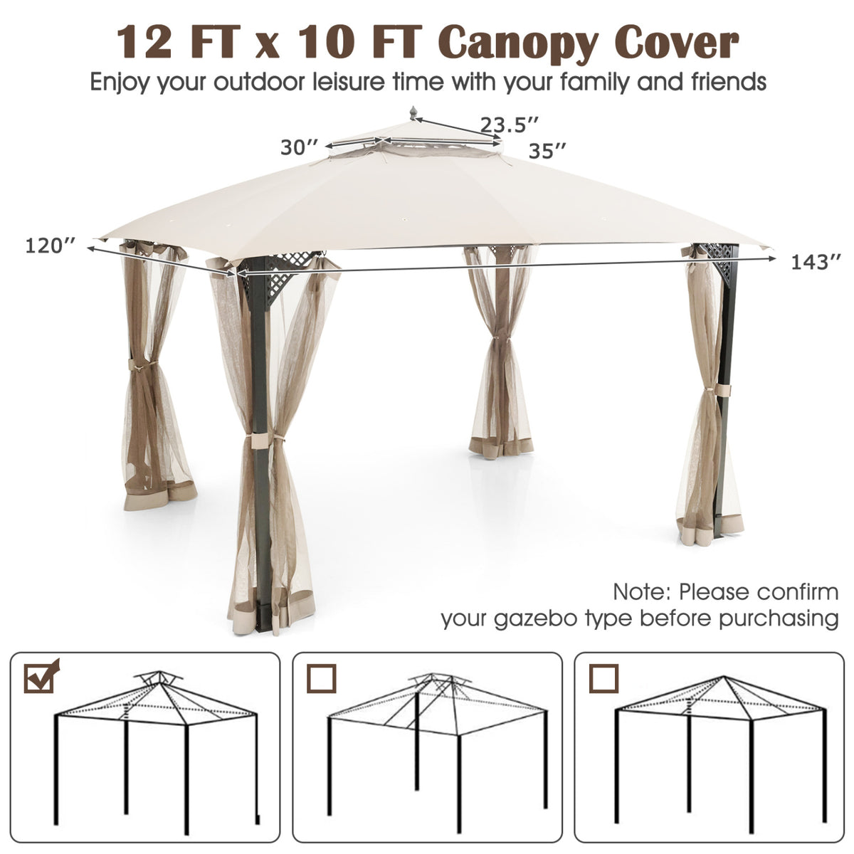 10 x 12 Feet Gazebo Replacement Top, Beige