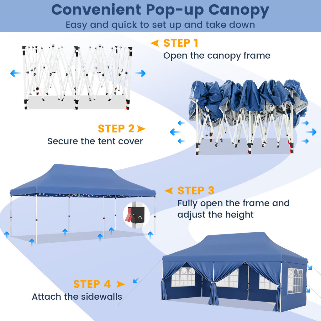 10x20 Pop-Up Canopy with 6 Sidewalls & Windows - Blue