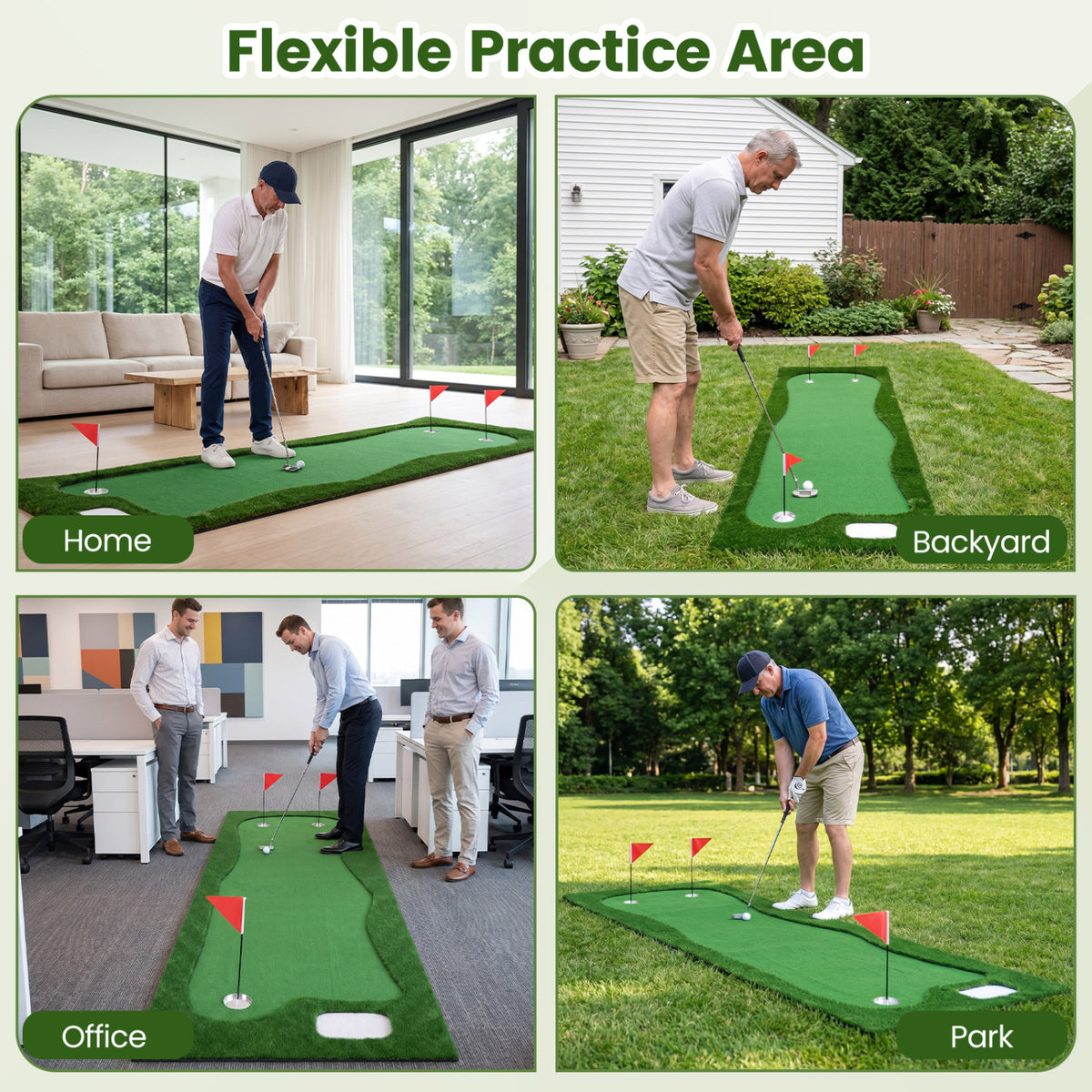 10 x 3.5ft Golf Putting Green with 3 Hole Cups Flags - Backyard Office Practice