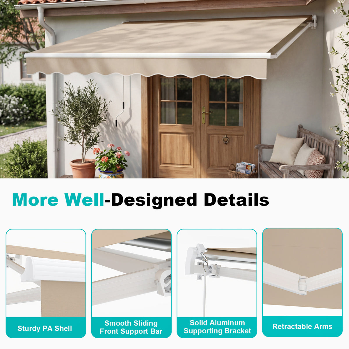 10 x 8.2 Feet Retractable Awning with Easy Opening Manual Crank Handle
