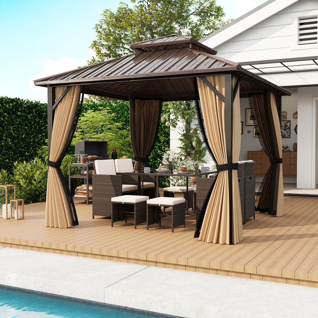 10 x 10 ft Hardtop Gazebo with Netting, Curtains & Double Roof
