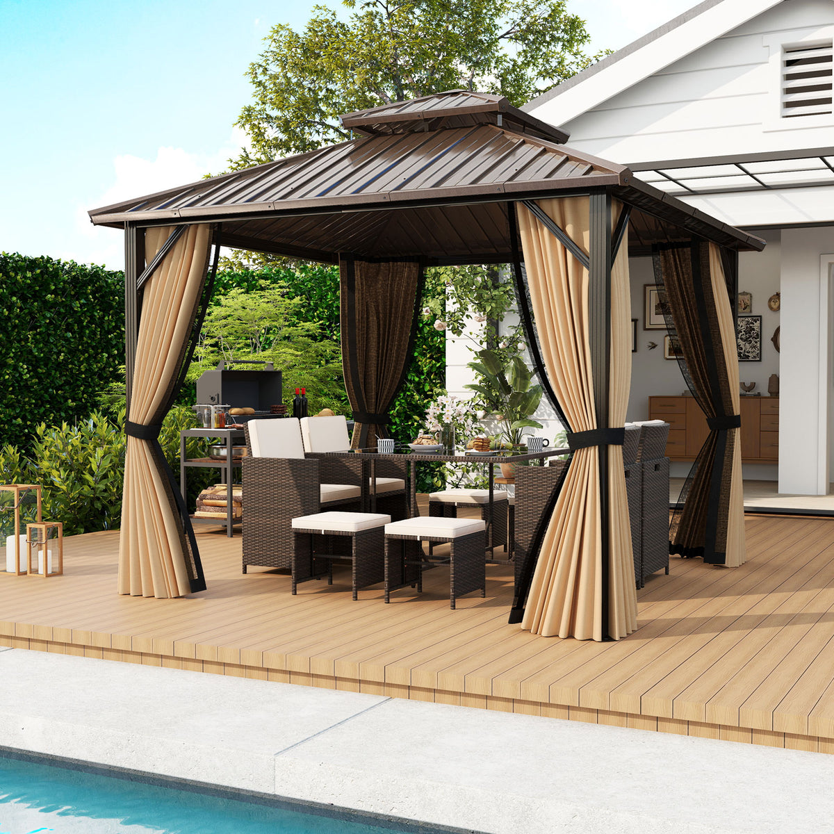 10 x 10 ft Hardtop Gazebo with Netting, Curtains & Double Roof