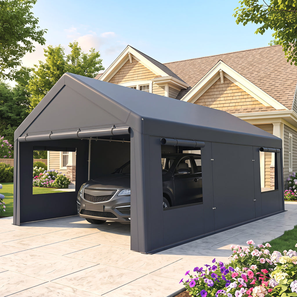 10x20 FT Portable Garage with 2 Doors & 4 Mesh Windows and PE Cover