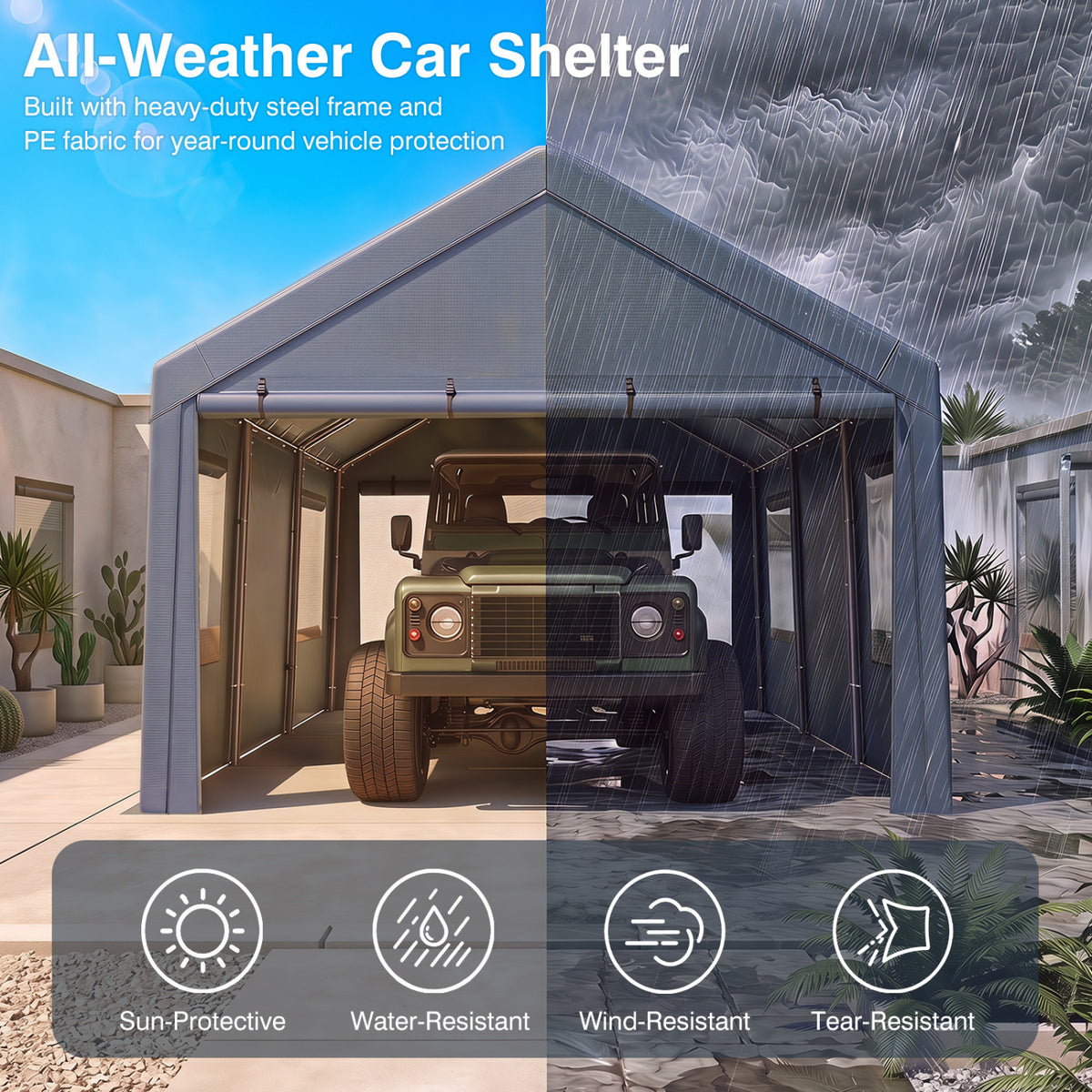 10x20 FT Portable Garage with 2 Doors & 4 Mesh Windows and PE Cover