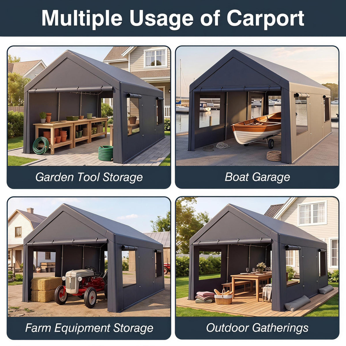 10x20 FT Portable Garage with 2 Doors & 4 Mesh Windows and PE Cover