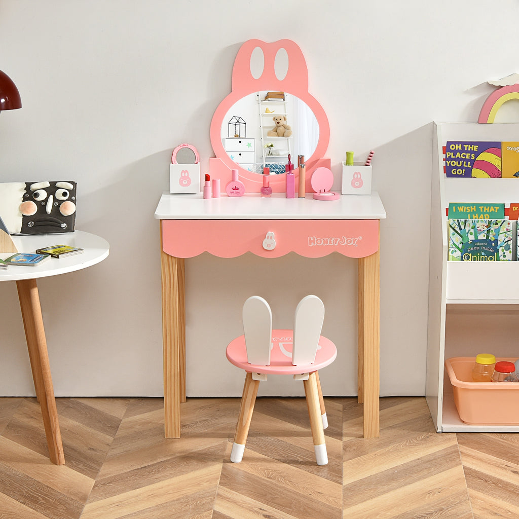 Kids Rabbit Vanity Table Chair Set with Mirror & Drawer - White