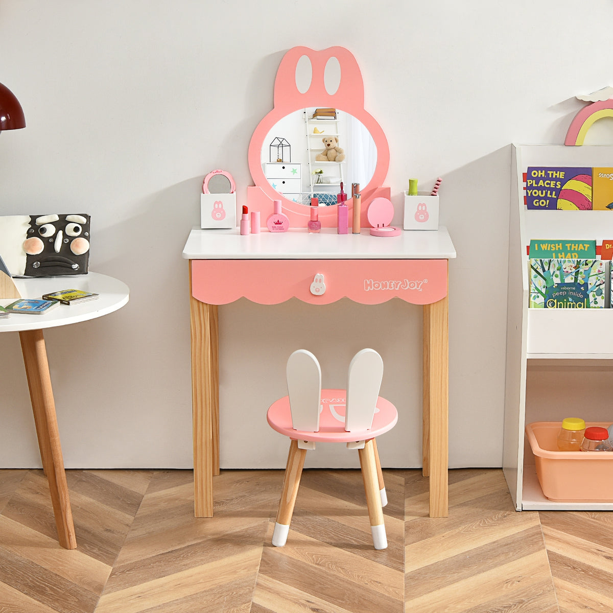 Kids Rabbit Vanity Table Chair Set with Mirror & Drawer - White