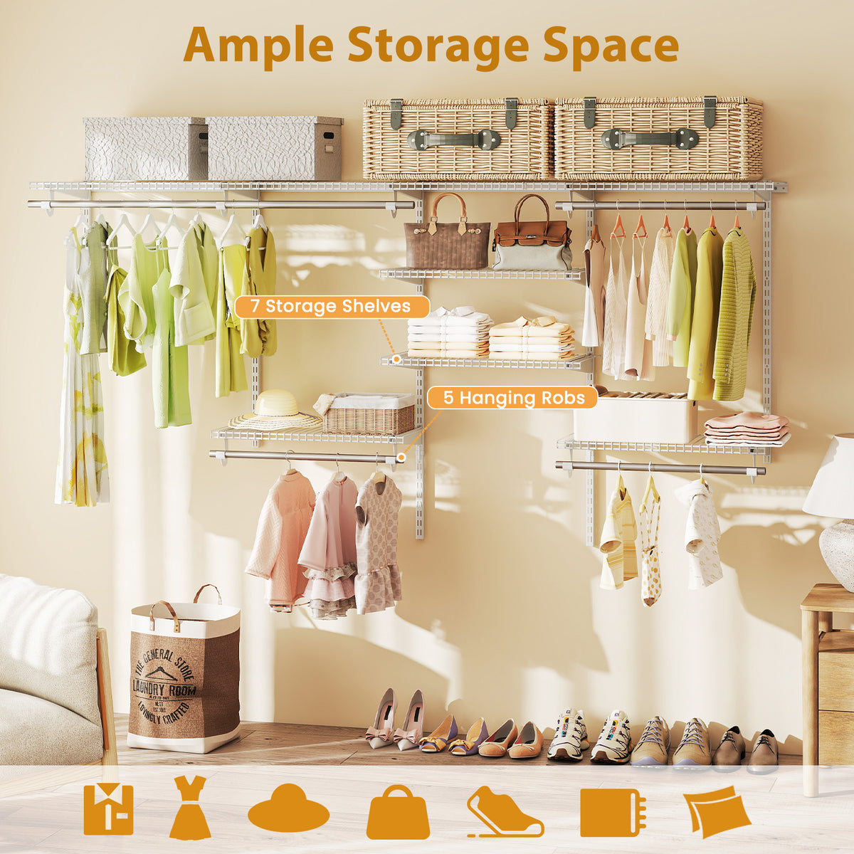 4-8 Feet Closet Organizers and Storage System with Hanging Rod for