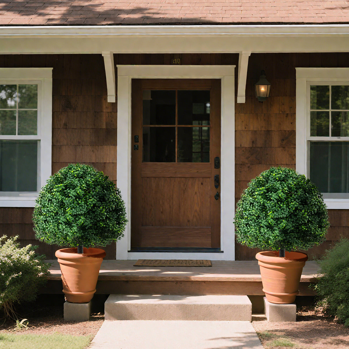 28-Inch Artificial Boxwood Topiary Ball Tree Set of 2 with Ground Spike - Green