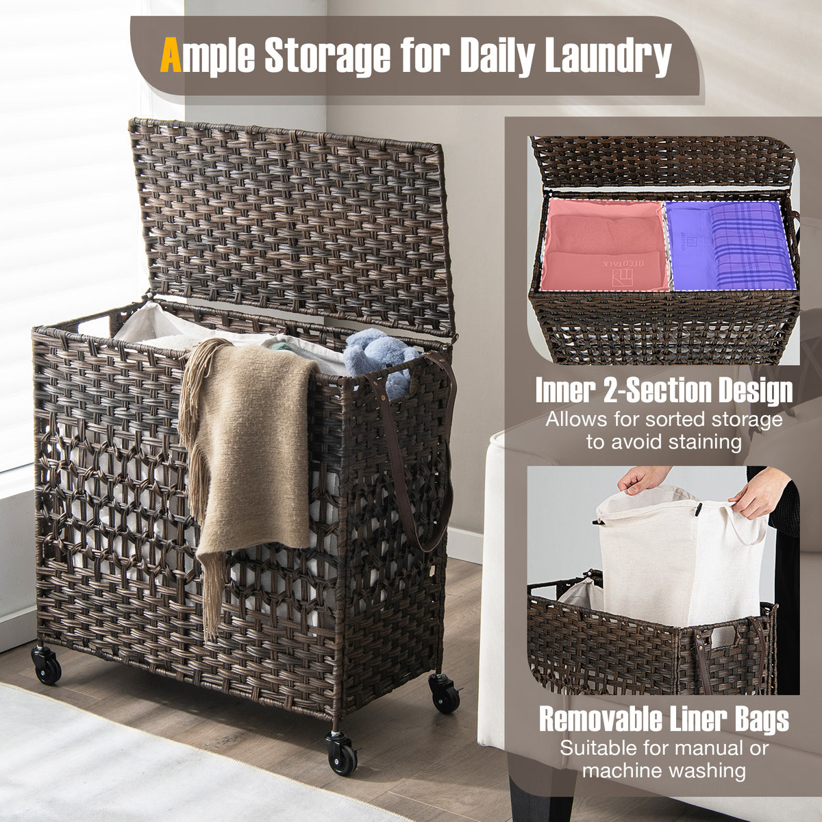 110L 2-Section Laundry Hamper with Removable Washable Liners - Brown Variation