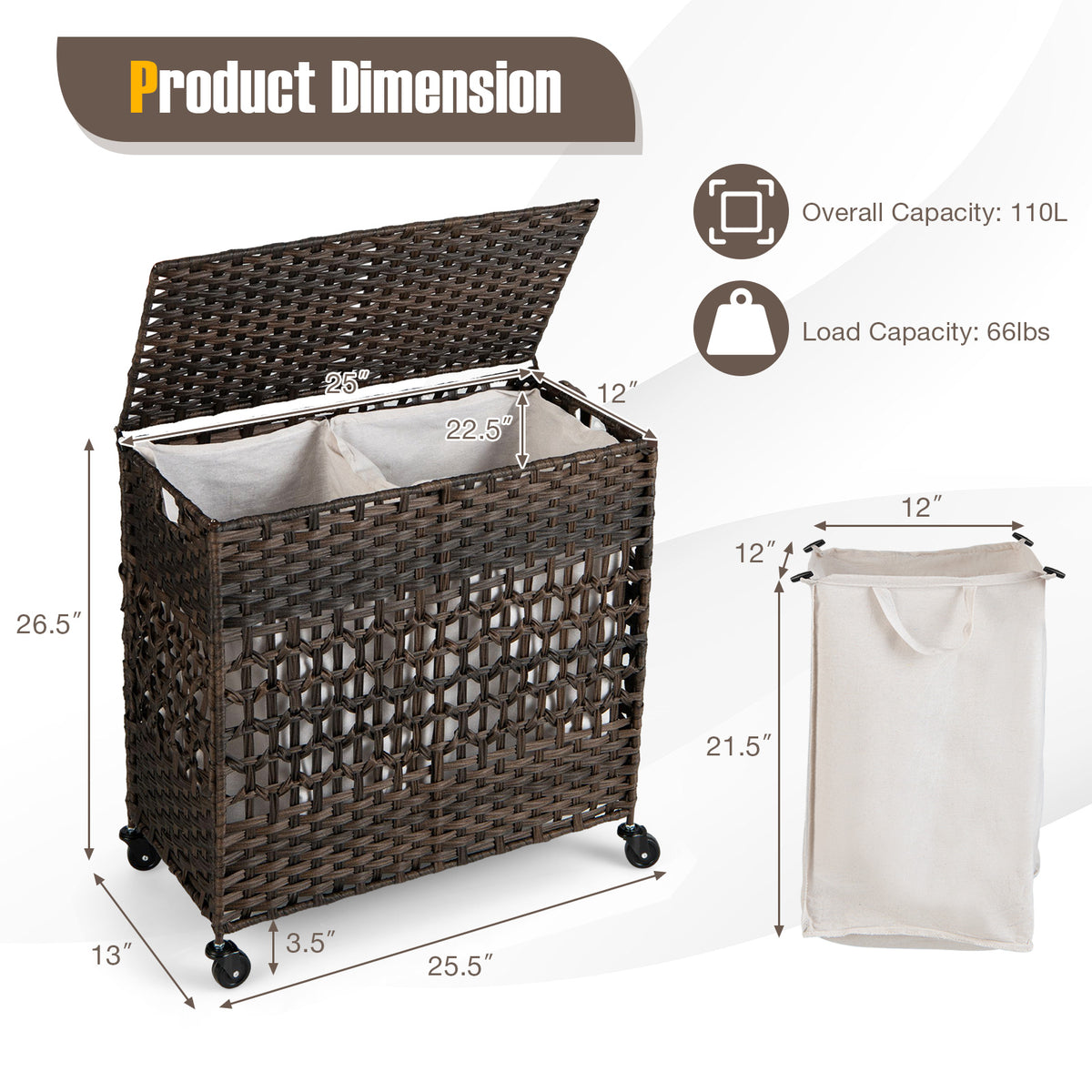 110L 2-Section Laundry Hamper with Removable Washable Liners - Brown Variation