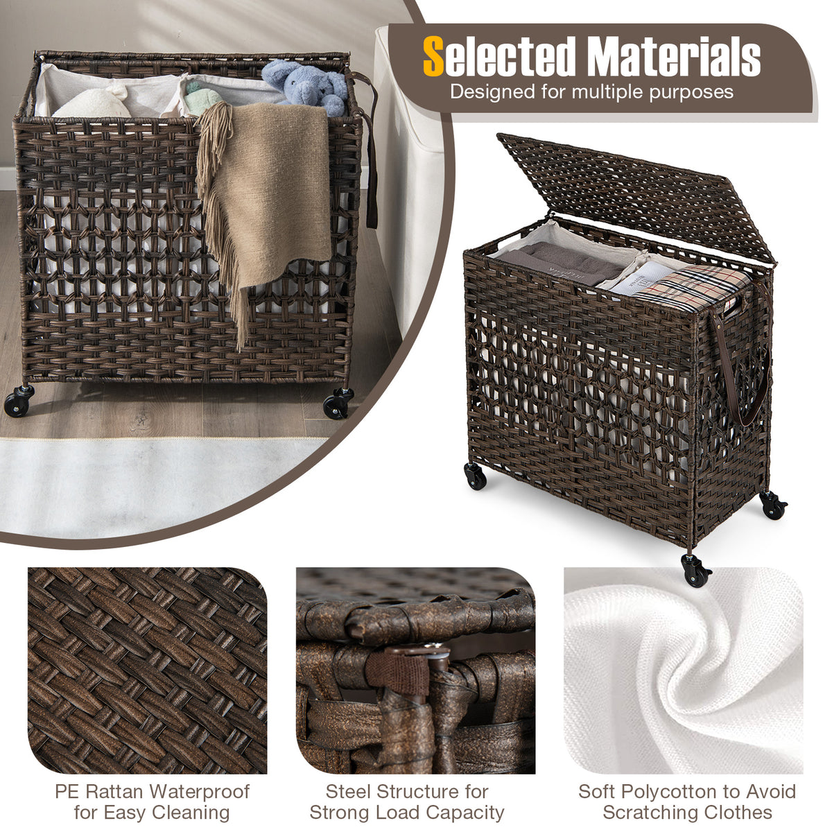 110L 2-Section Laundry Hamper with Removable Washable Liners - Brown Variation