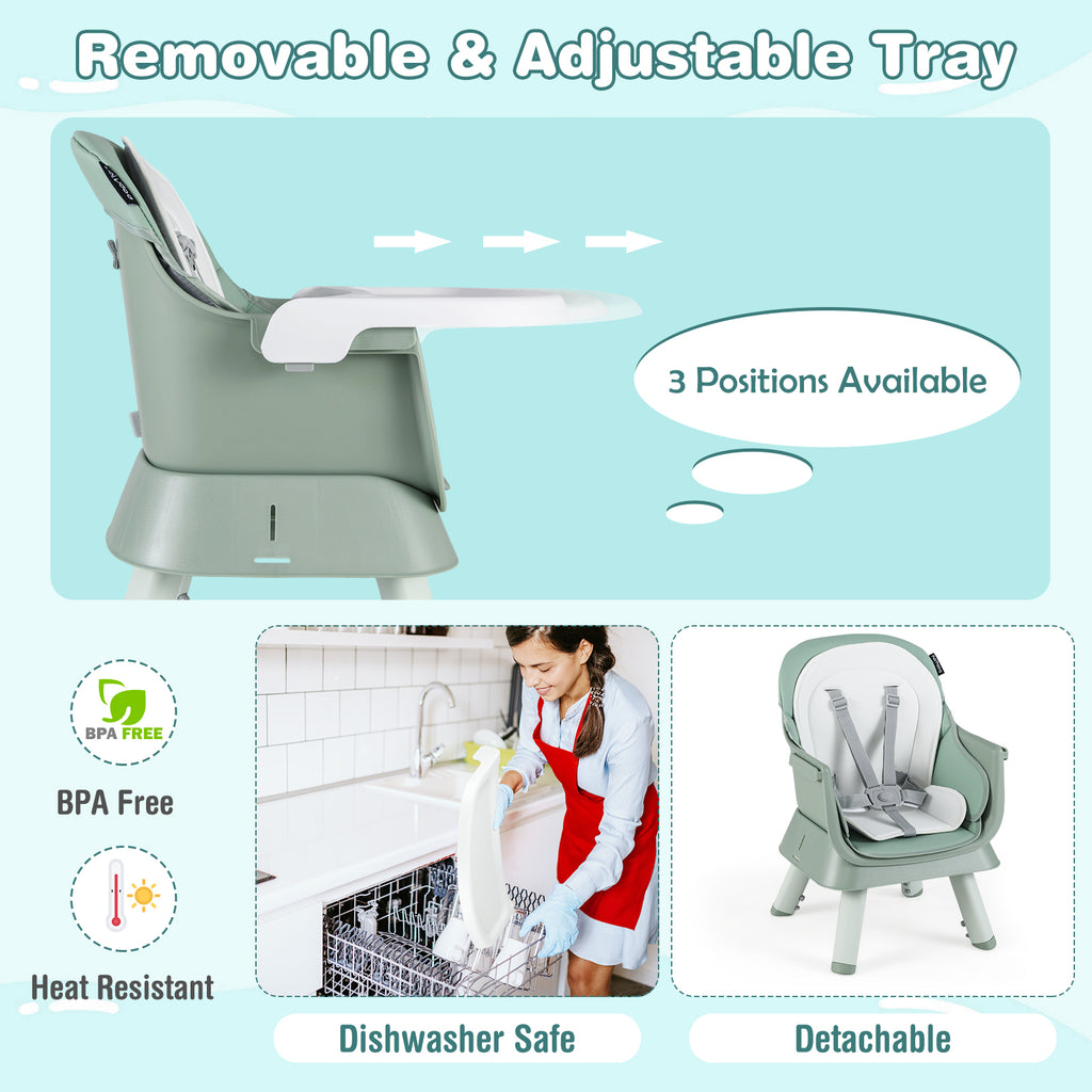 Green 8-in-1 Convertible Baby High Chair with Adjustable Removable Tray