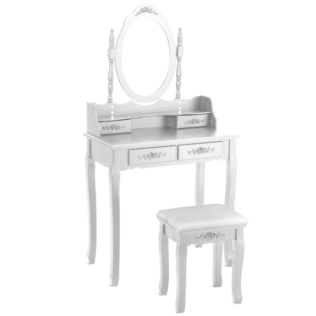 Wood Vanity Table Set with Mirror & Stool - White, 2 Drawers