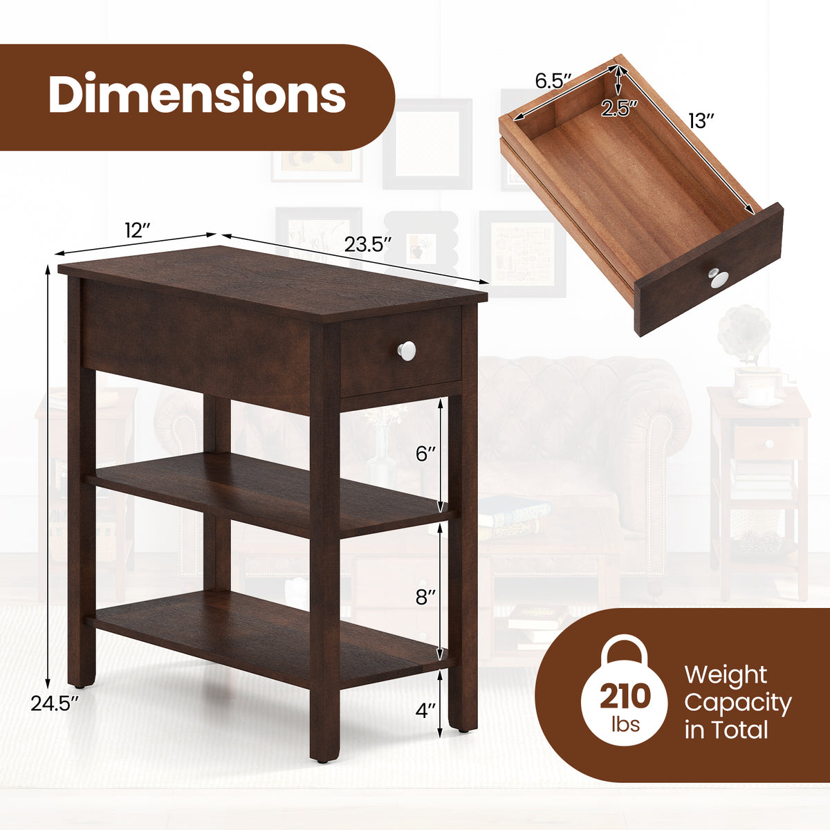 3-Tier Narrow End Table with Drawer, Walnut
