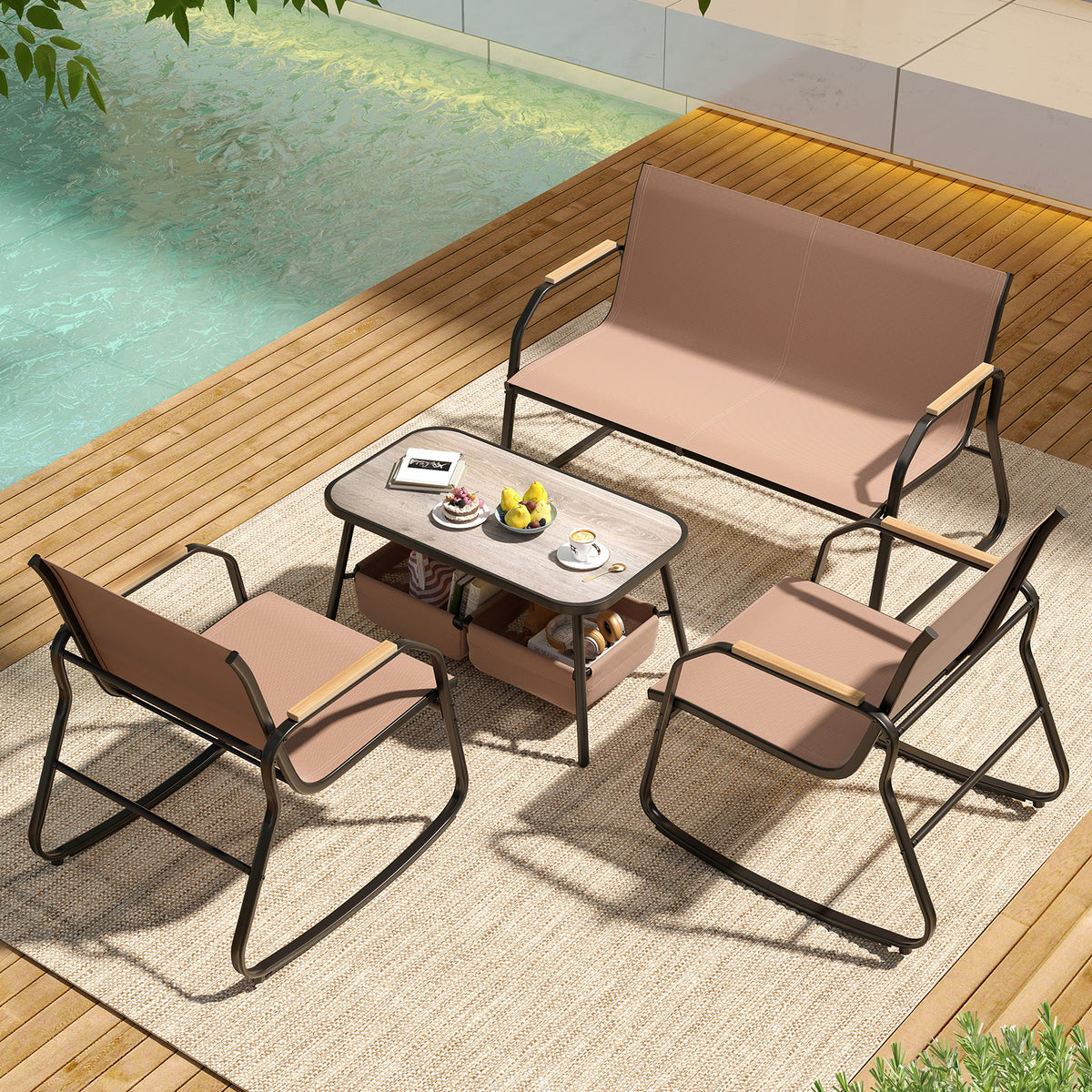 4 Pieces Patio Furniture Set with Rocking Bistro Chairs and