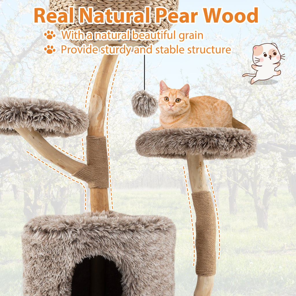 Wood Cat Tree Solid Pear Cat Tower with Perch & Sisal Posts - Brown