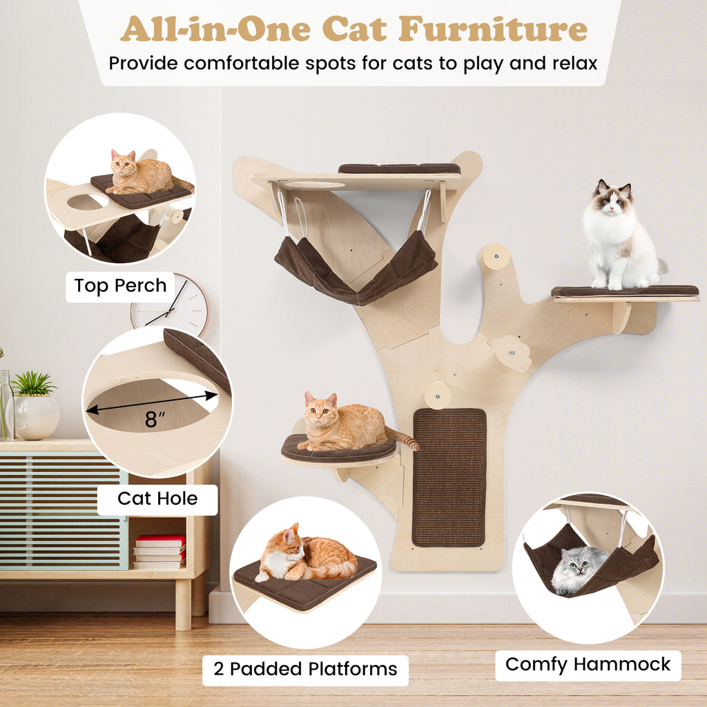 Wall-Mounted Cat Shelf with Perch - Brown Cat Wall Furniture