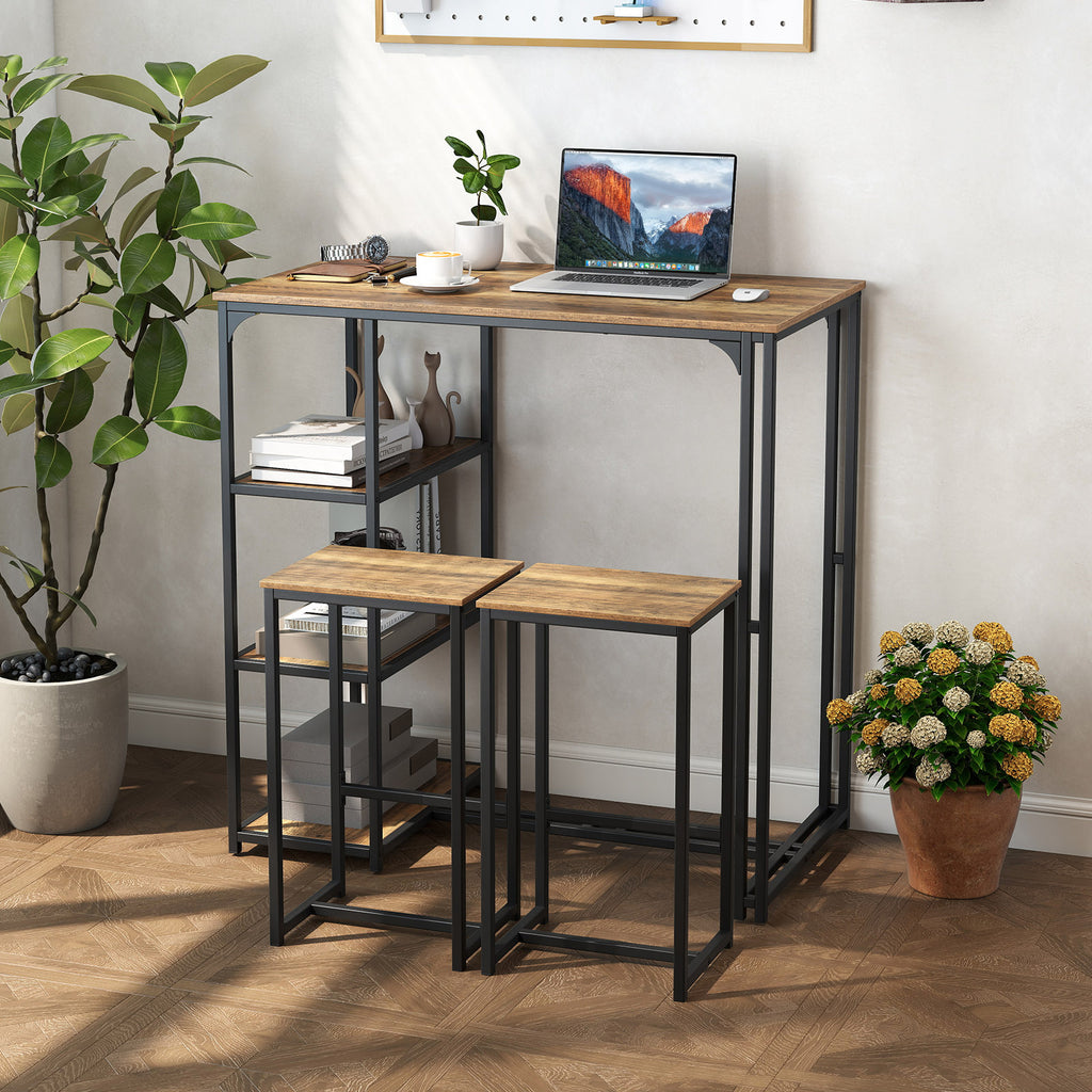 3-Piece Bar Table Set with 2 Stools, Rustic Brown