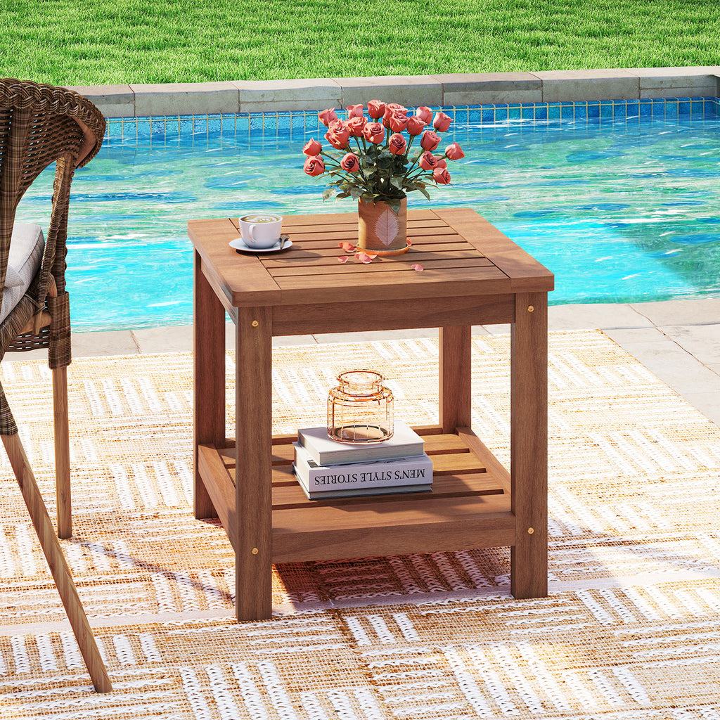 18" Solid Wood Outdoor Side Table with Storage Shelf