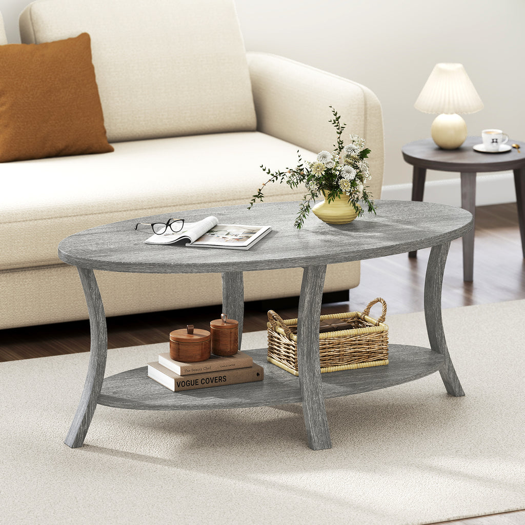 Oval Coffee Table 2-Tier Storage Shelf - Gray