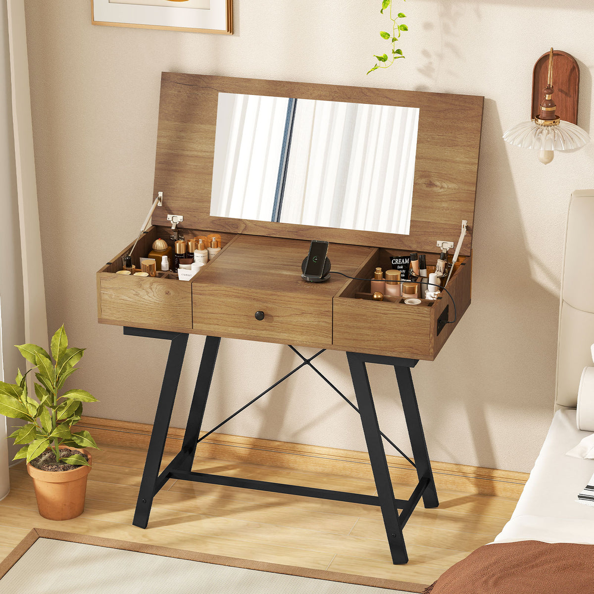 Vanity Desk with Flip Top Mirror - Rustic Brown