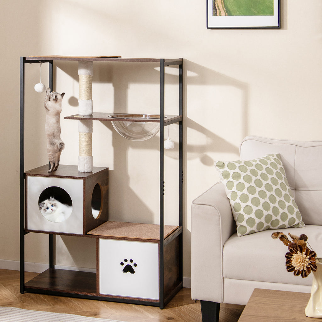 Wooden Cat Tree Tower with 2 Condos & Cushions - Style 2, Coffee