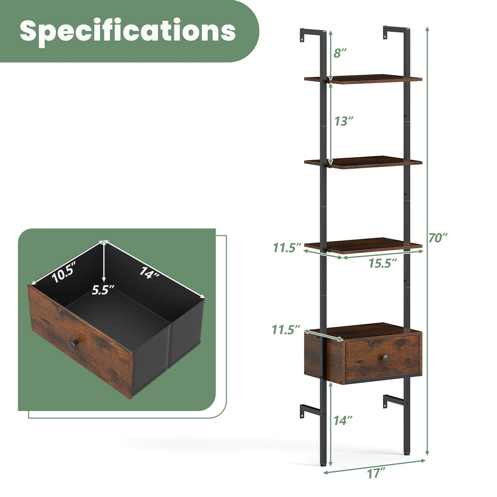 5-Tier Ladder Bookcase with Drawer & Metal Frame - Rustic Brown