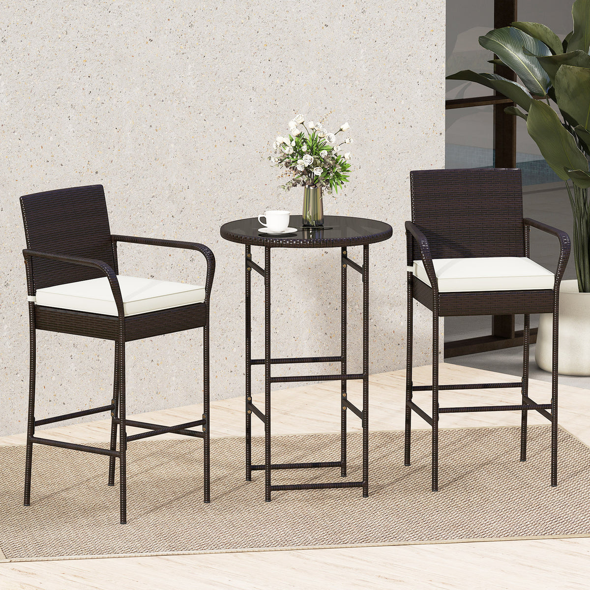 3 Piece Outdoor Bar Set with Cushions, White - Style 1