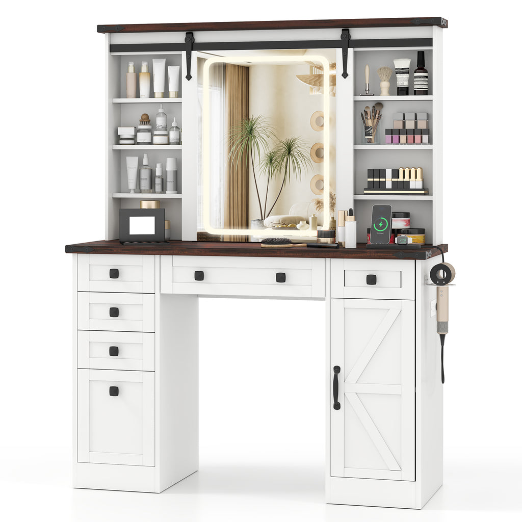 Farmhouse Vanity Desk with Sliding Mirror & 3 Lighting Modes, White