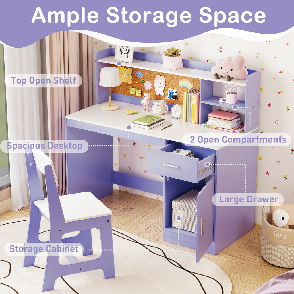 Kids Activity Study Desk and Chair Set, Purple - Childrens Learning Table with Shelves & Cork Board