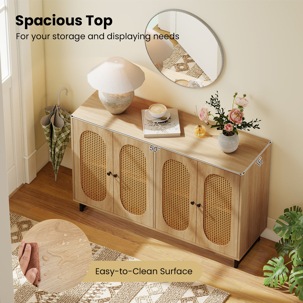 50-Inch Buffet Sideboard Cabinet with 4 Rattan Doors, Natural