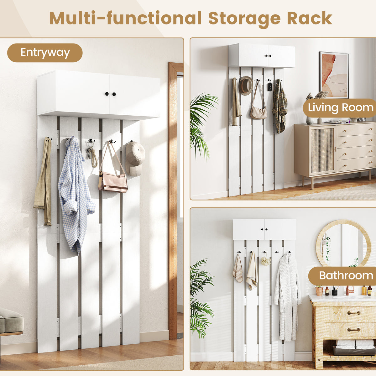 Wall Mounted Coat Rack with Storage Cabinet, White