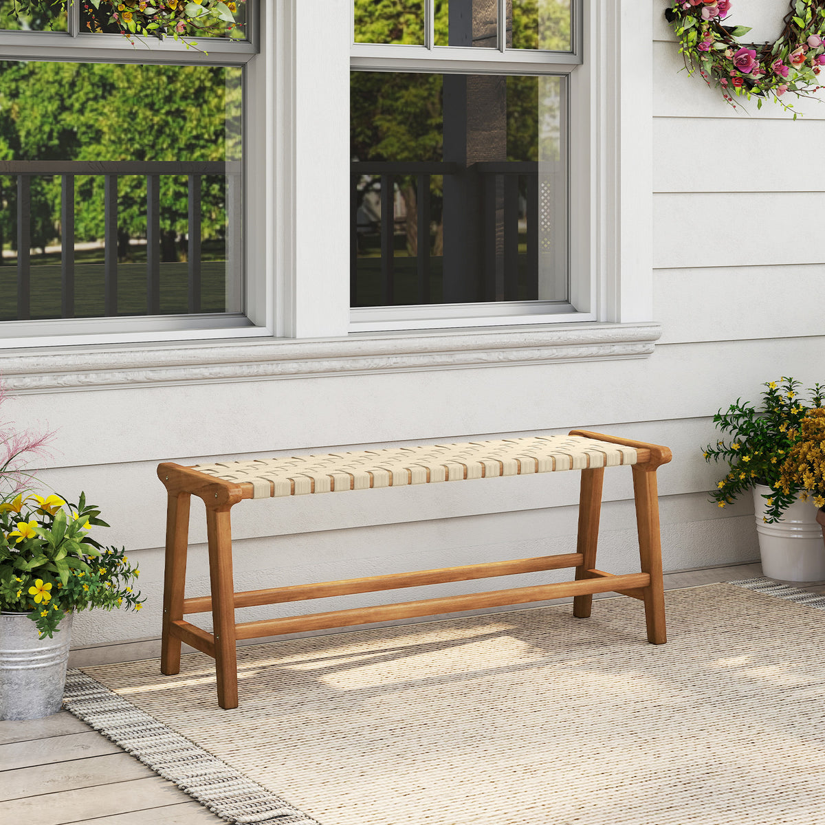 47 Inches Long Teak Wood Patio Bench with Weave Seat and Solid Legs