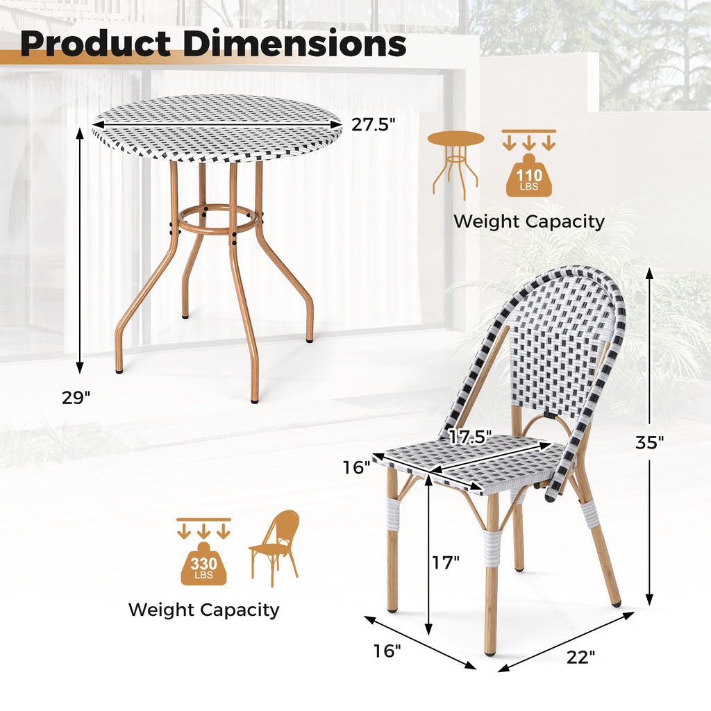 3 Piece French Bistro Table Chair Set with Outdoor Wicker Round and 2