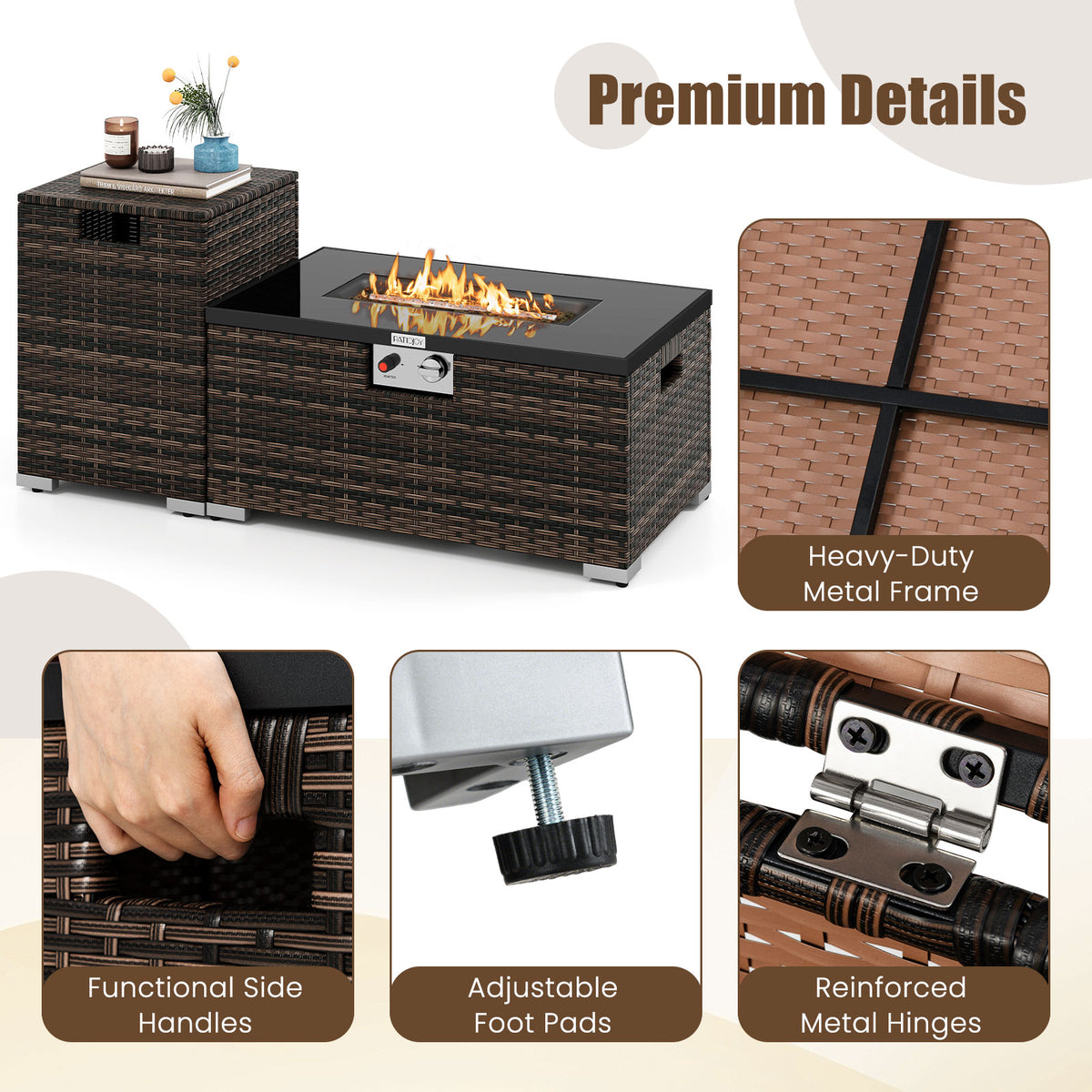 2-Piece Outdoor Rattan Fire Pit Table Set 32" - Brown