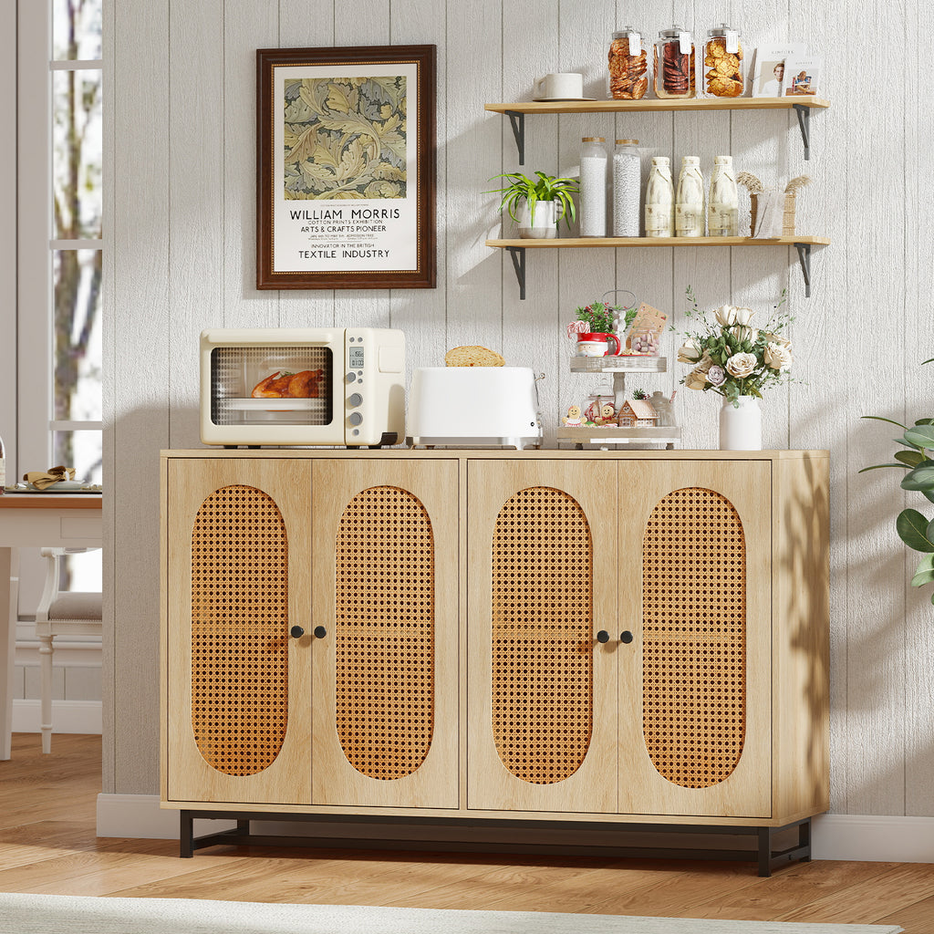 50-Inch Buffet Sideboard Cabinet with 4 Rattan Doors, Natural