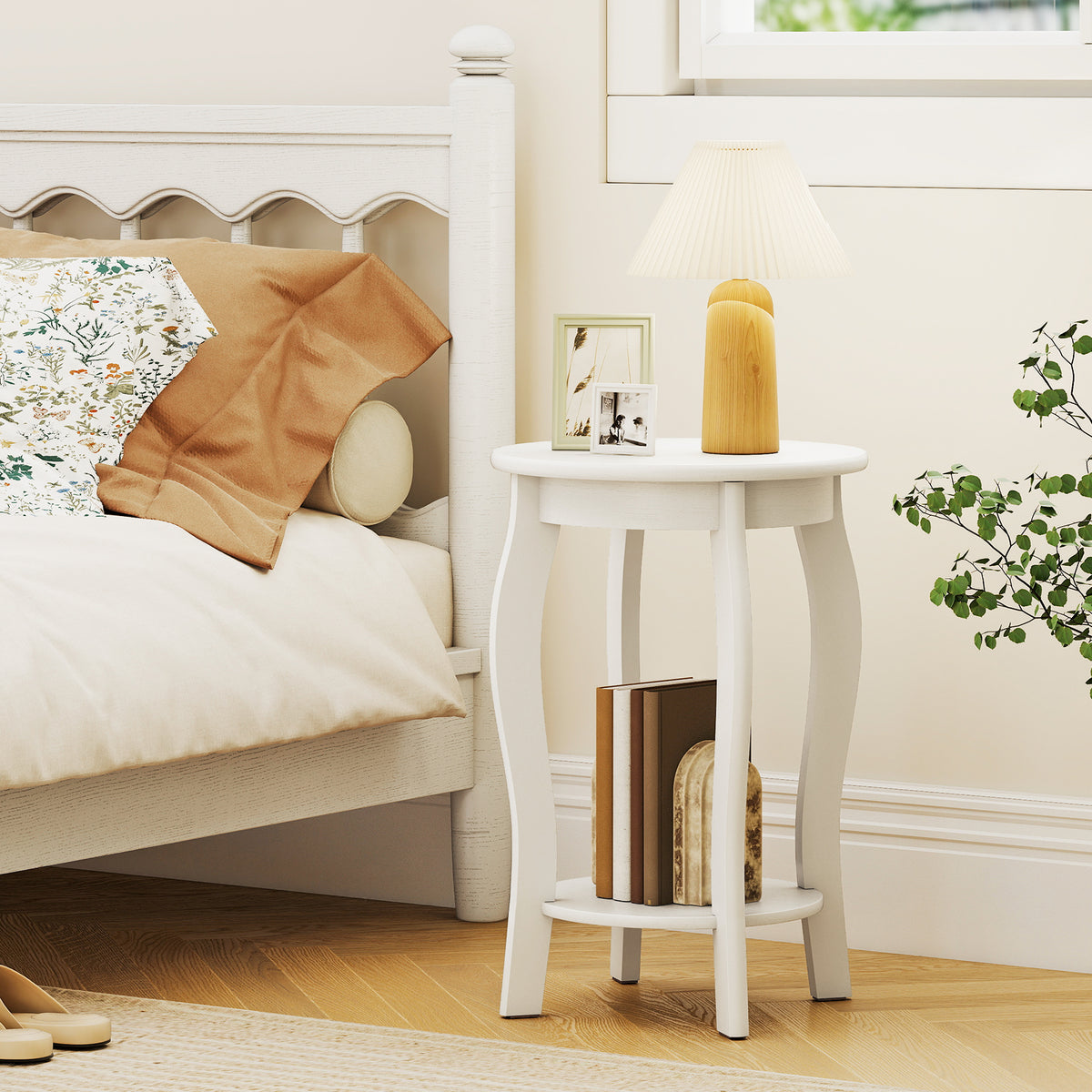 15 Inch Round End Table with Storage Shelf - White
